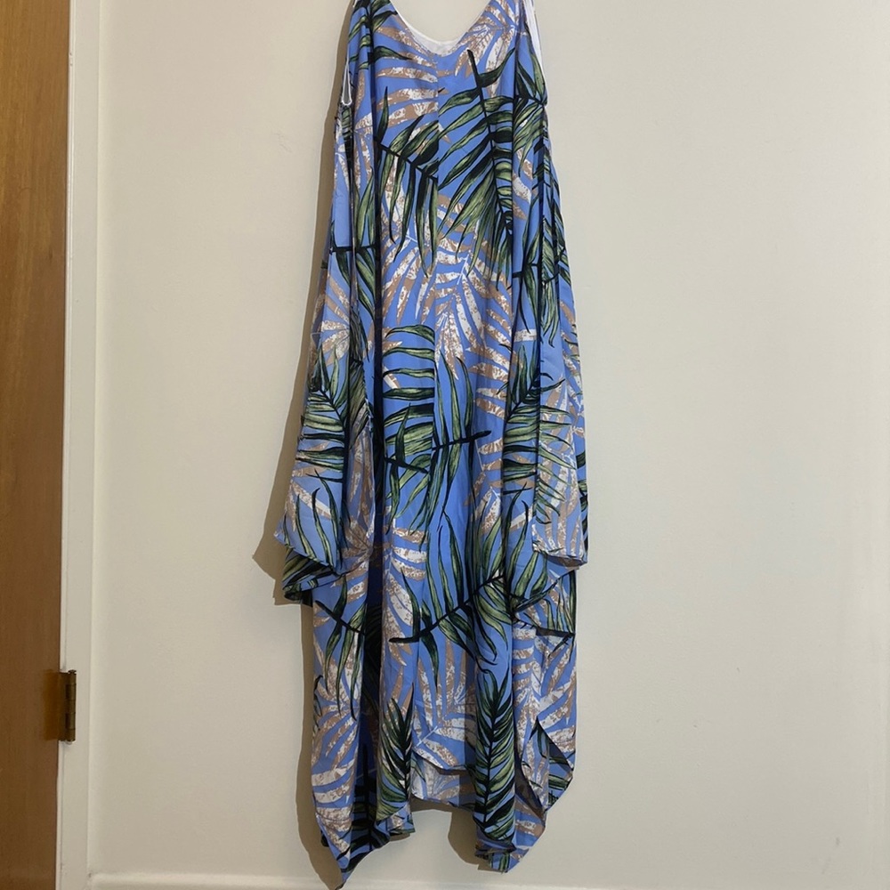 NWT Alchemy Thread Blue and Green Palm Print Sleeveless Sun Dress - Size L